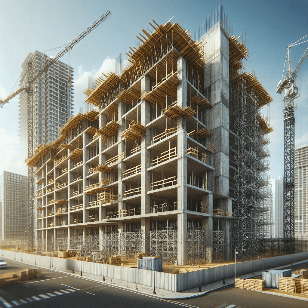 A high-rise building under construction with cranes and scaffolding surrounding it on a clear day.