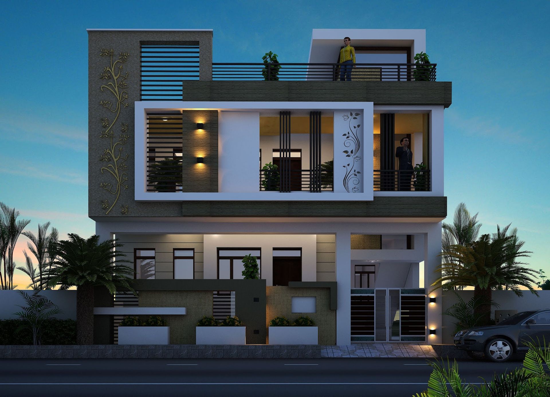 Modern three-story house with balconies, decorative lighting, and lush landscaping at dusk.