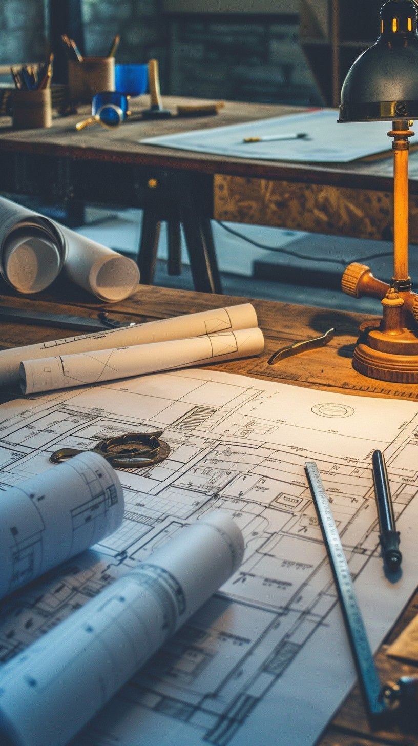 Detailed architectural blueprints and drafting tools on a wooden desk, illuminated by a vintage desk lamp.